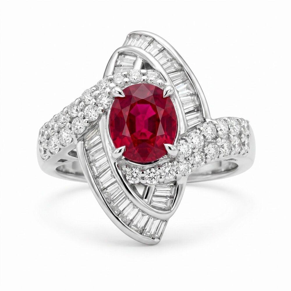 Estate Platinum 1.3 Ct Ruby .91 Ct Diamond Swirl Cocktail Ring Size 8.5 Natural